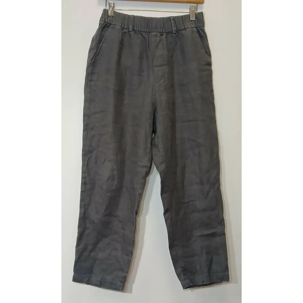 Zara womens small linen gray trousers pants wide leg pull on elastic waist